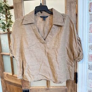 Banana Republic Linen V-Neck Top Womens Medium Tan Short Ruched Dolman Sleeve